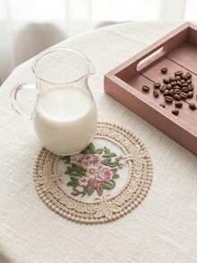1/3pcs Vintage Floral Embroidered Crochet Lace Coasters, Round Heat-Resistant Placemats, Handmade Cotton Table Mats, Pink/Beige, Suitable For Coffee Cups And Tea Cups, Home Decor, Kitchen And Dining Room, Country Vintage Style Tableware Accessories - Multicolor - View 2