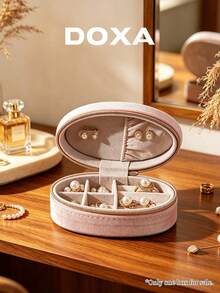 DOXA Pink Velvet Oval Travel Jewelry Box With Compartments And Zipper, Suitable For Rings And Earrings, Empty Box Only - Pink - View 3