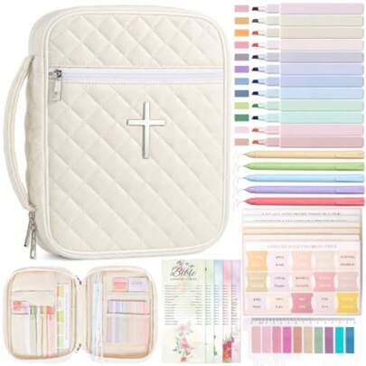 Large Bible Cover Case For Women, Bible Bag With Study Supplies Made From Cotton, With Durable Handle, Metal Cross Decor, Christian Gift For Mom, Ideal For Christmas, Beige Cross