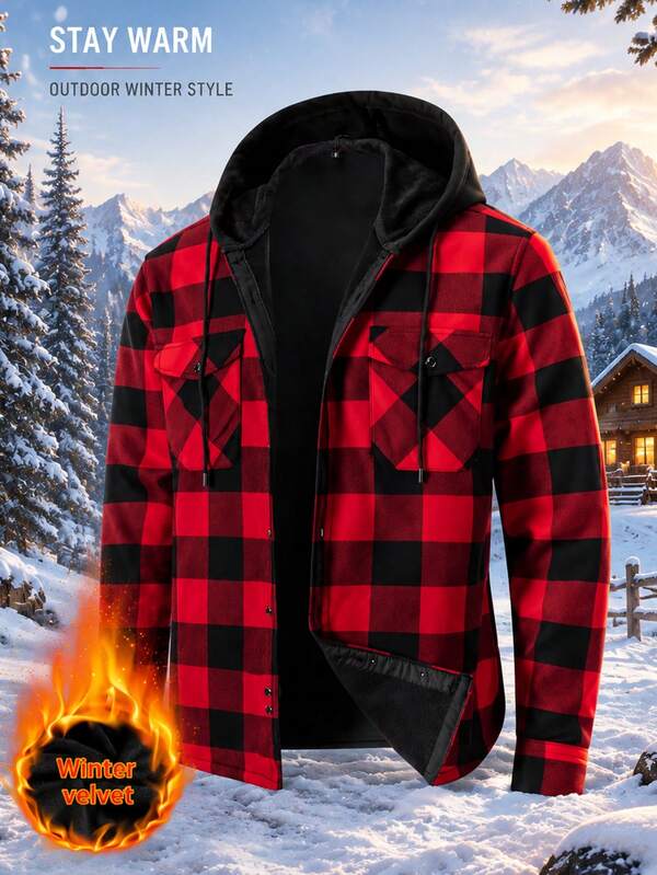 1 pieza Camisa con capucha de manga larga con botones, de estilo casual y de negocios, con forro a cuadros, cálida para hombres en invierno