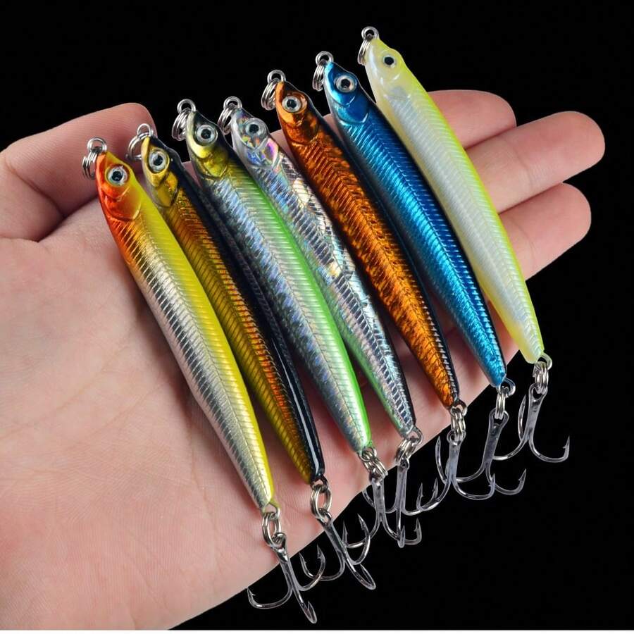 7pcs Sinking Pencil Lure Set, Slim Bionic Reflective Hard Baits, Long Casting Freshwater & Saltwater Fishing Lures For Bass And Pike - Multicolor - View 1