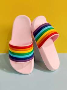 1 Pair Children's Multi-Color Patchwork Minimalist Flat Slippers, Suitable For Indoor/Outdoor Wear, Pool, Beach, Vacation, Summer - Pink - View 2