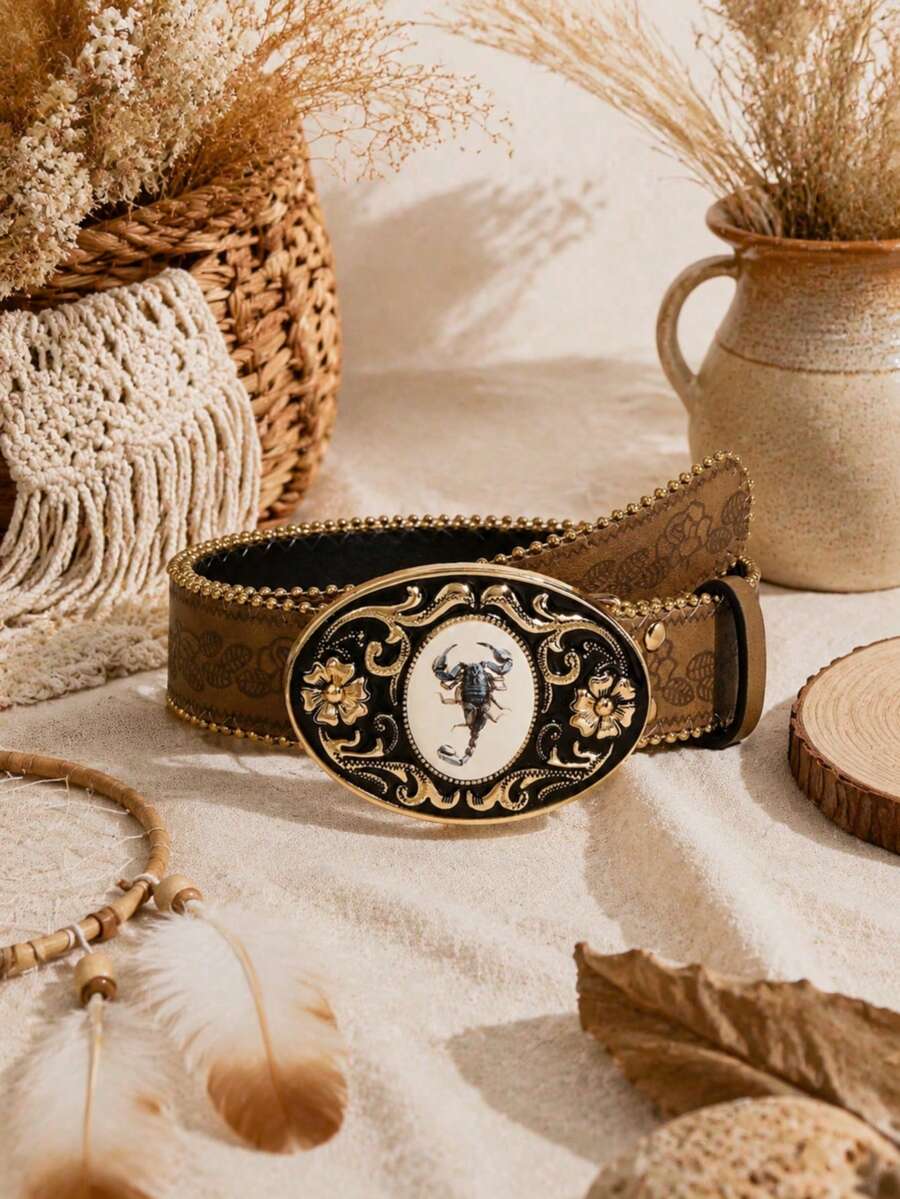 1pc Western Cowboy Vintage Unique Style Metal Pattern PU Women's Belt, Suitable For Jeans, Short Skirts, Parties, Valentine's Day, Back To School Season - Scorpion Brown Printed Beaded - View 1