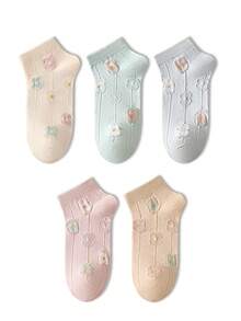 ZUJO 5 Pairs Of Women's 3D Floral Pattern Short Socks, Skin-Friendly Soft Breathable Socks,Suitable For All Seasons Daily Wear - Multicolor - View 6