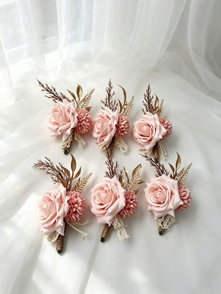 1pc/6pcs Light Pink Rose With Orange Daisy Artificial Flower Corsage, Premium Wedding Decoration For Groom And Bride, Suitable For Evening Party, Gala, Event, Campus Celebration - Baby Pink - View 4