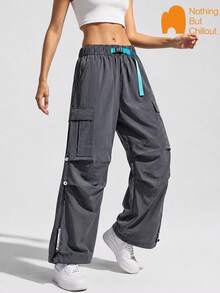 NBCT Women's Outdoor Functional Cargo Wide Leg Pants With Contrast Drawstring Waistband And Multiple Pockets, Hiking Casual Long Pants - Grey - View 1