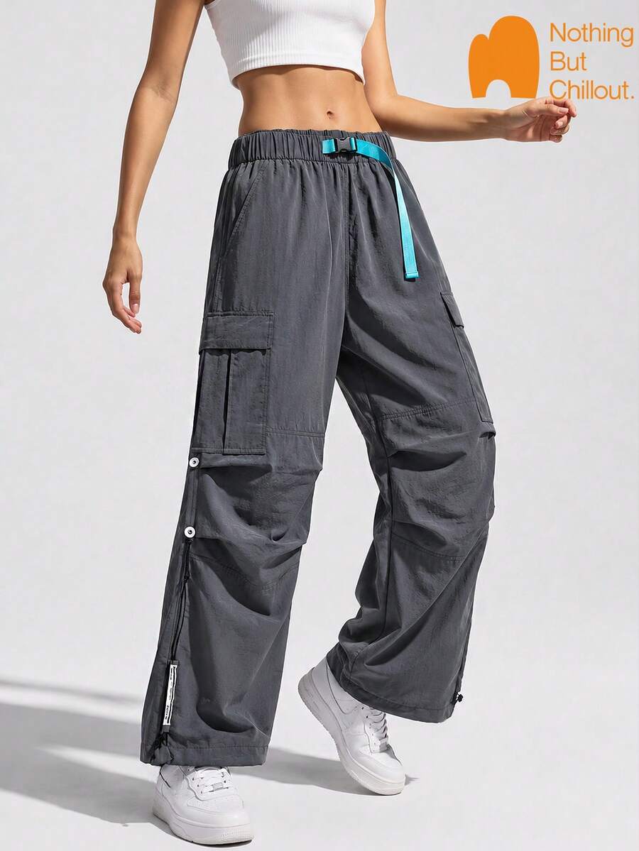 NBCT Women's Outdoor Functional Cargo Wide Leg Pants With Contrast Drawstring Waistband And Multiple Pockets, Hiking Casual Long Pants - Grey - View 1