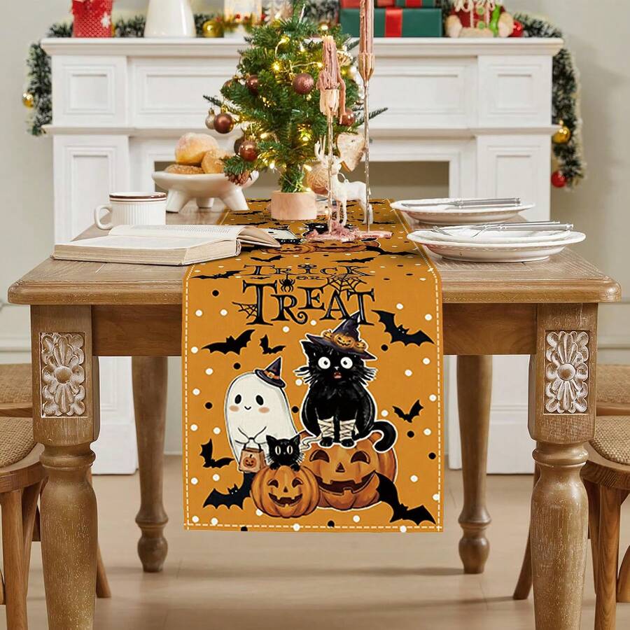 1pc Halloween Table Runner, Cartoon Orange & White Pumpkin Ghost Pattern Tablecloth, Suitable For Party Decor, Home Decoration, Christmas & Halloween Decoration - A - View 1