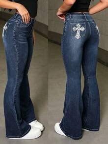 Teen Girl Creative Cross-Stitch Embroidery Back Pocket Skinny Jeans - Dark Wash - View 1