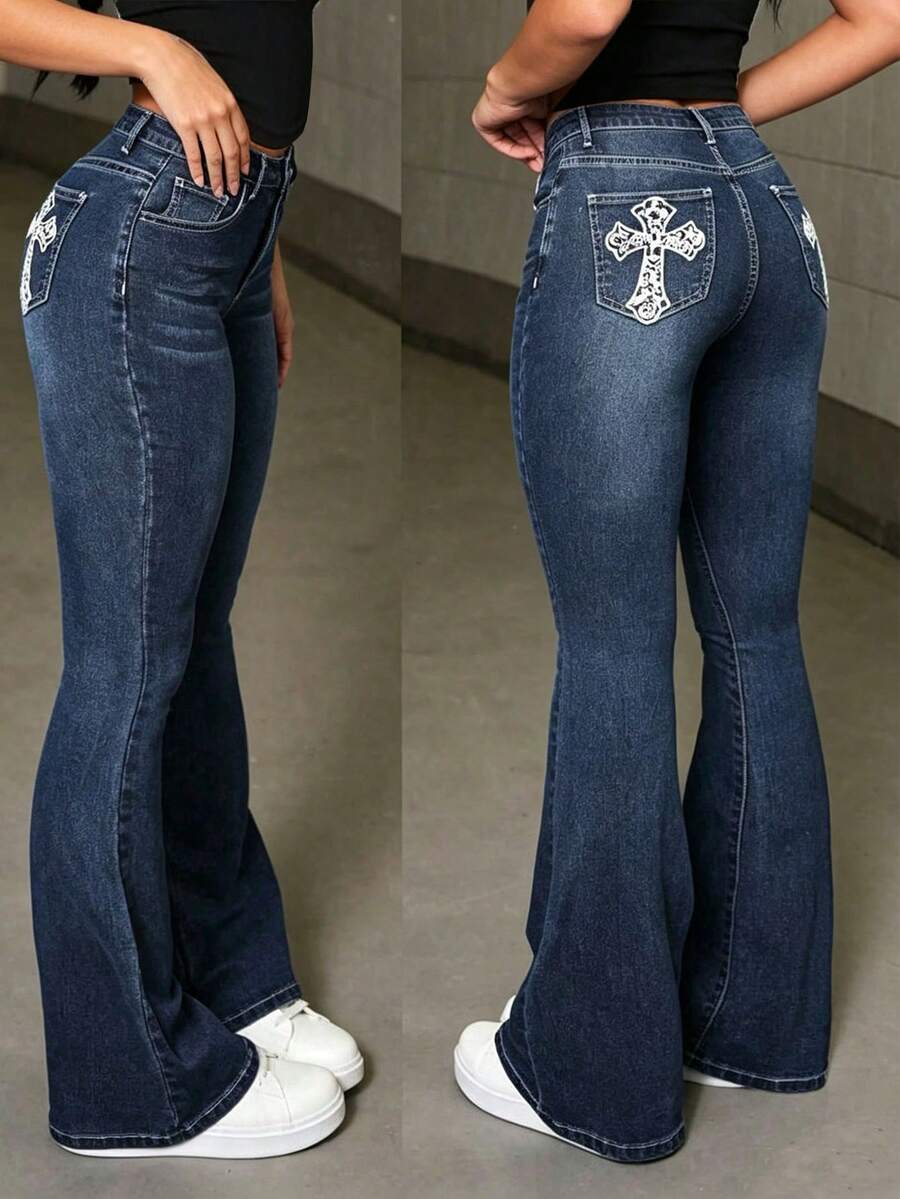 Teen Girl Creative Cross-Stitch Embroidery Back Pocket Skinny Jeans - Dark Wash - View 1