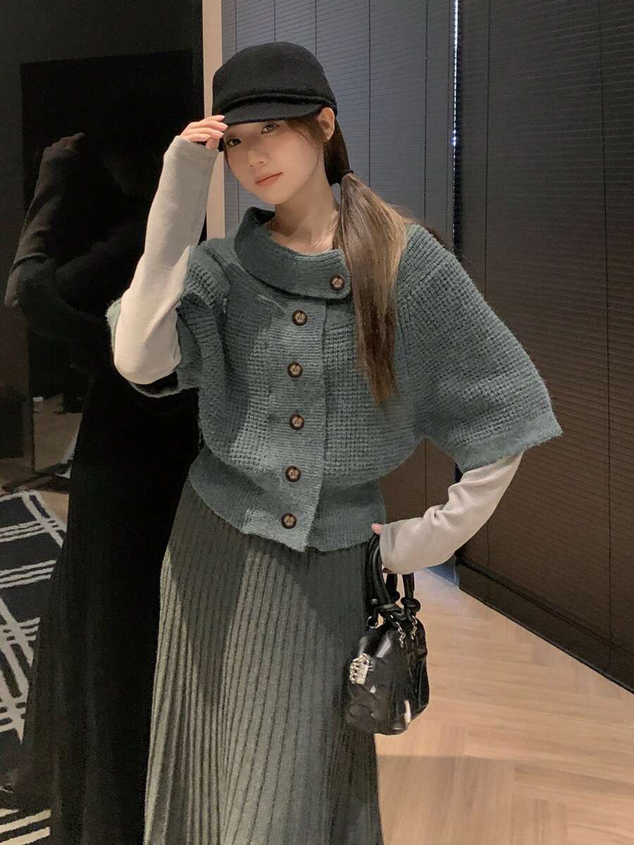 Vintage Lazy Design Women's Premium Elegant Versatile Short Knit Cardigan Sweater Tops - Grey - View 1