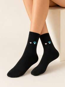 5 Pairs Small Mushroom Solid Color Thick Terry Mid-Calf Socks, Autumn/Winter Daily Commute Casual Versatile Women's Socks - Multicolor - View 7