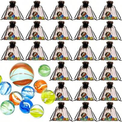 Set de 24 Canicas de Vidrio Canicas de Tirador de Multicolores con Bolsa de Almacenamiento con Cordón Negro Set Clásico Juegos para Interiores y Exteriores, 10 Canicas y 1 Tirador por Paquete