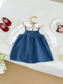 Miniweenns Infant & Toddler Girls Spring/Autumn Denim Embroidered Pinafore Dress With Double Pockets + Embroidered Collar Versatile Blouse, Casual 2-Piece Set - Blue and White - View 5