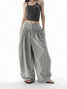 Slouchy Minimalist Design Frill Trim Pleated Drawstring Slimming Curved Leg Versatile Casual Long Pants - Grey - View 3