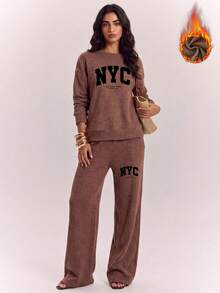 NYC Letter Print Women's Faux Knitted Knit Long Sleeve Top And Pants Set, Casual Two Pieces Outfit, Patterned Top, Mexican Brown Elegant - Brown - View 4