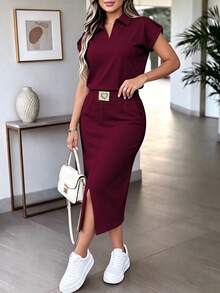 女款春夏休閒兩件套，新款時尚純色短袖上衣搭配愛心印花長裙，春假穿搭 - 紅酒29 - 查看 3