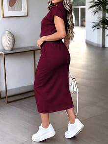 女款春夏休閒兩件套，新款時尚純色短袖上衣搭配愛心印花長裙，春假穿搭 - 紅酒29 - 查看 5