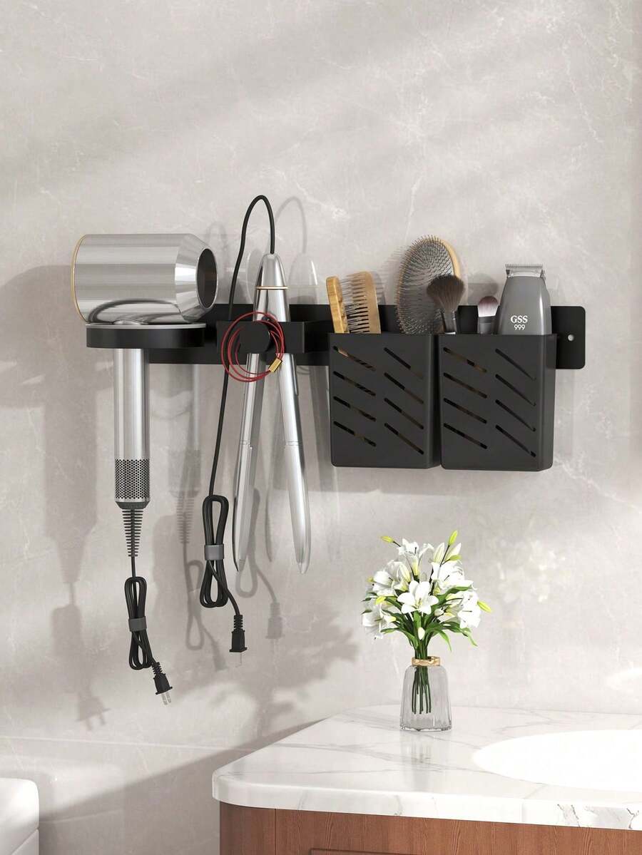 1 pieza Soporte de pared para herramientas de peinado, estante multifuncional para secador de pelo, organizador de salón para secador, plancha, rizador, almacenamiento de baño para cosméticos, peines, cepillo de dientes, ahorrador de espacio - Negro - Ver 1