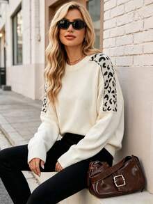 Women's Beige & Black Leopard Print Raglan Sleeve Crew Neck Cozy Thermal Pullover For Fall Winter Casual Comfort Essential, Back To School - Ivory - View 7