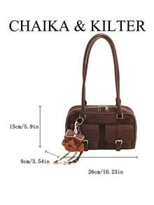 CHAIKA & KILTER 1件純色麂皮布料女款時尚多口袋大容量波士頓保齡球肩背包 拉鍊開合 適合日常與街頭使用（附吊飾） - 咖啡 - 查看 3
