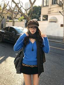 Soft Blue Pullover Knit Sweater For Women, Loose Fit Base Layer Inner Sweater, Autumn/Winter, Petite - Blue - View 2