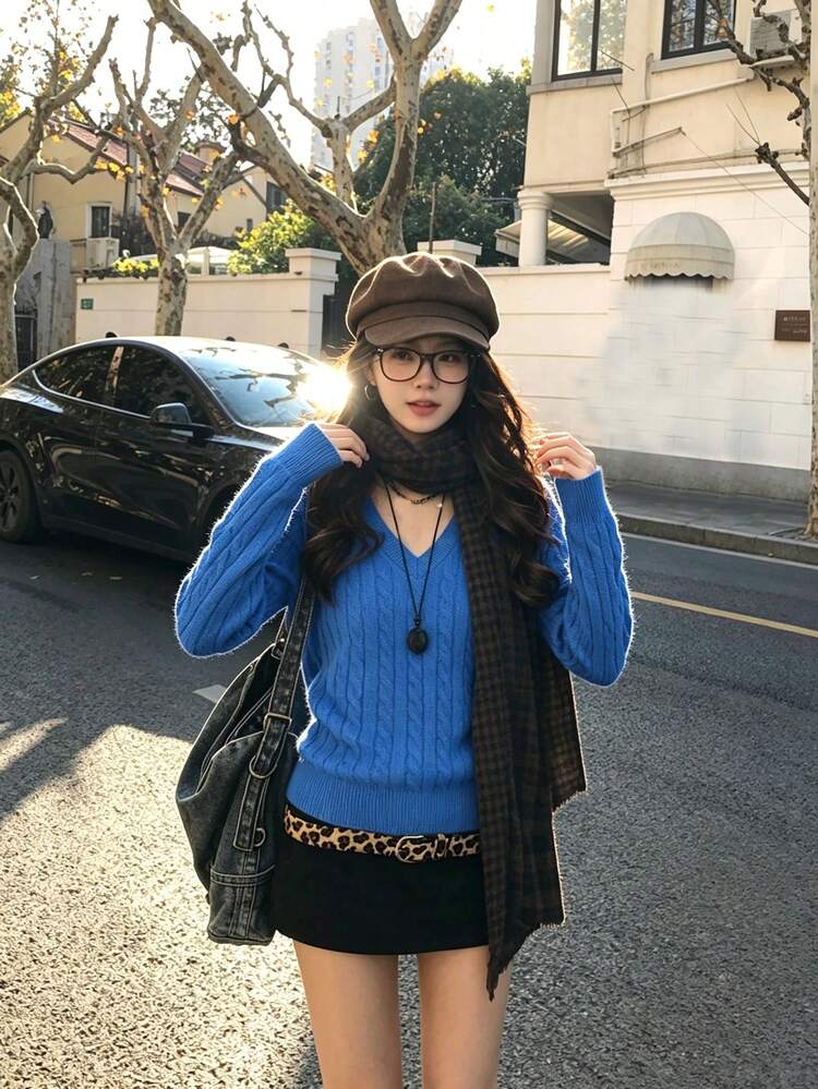 女款柔軟藍色套頭針織毛衣，寬鬆版型內搭底層毛衣，秋冬款，小碼 - 藍色 - 查看 1