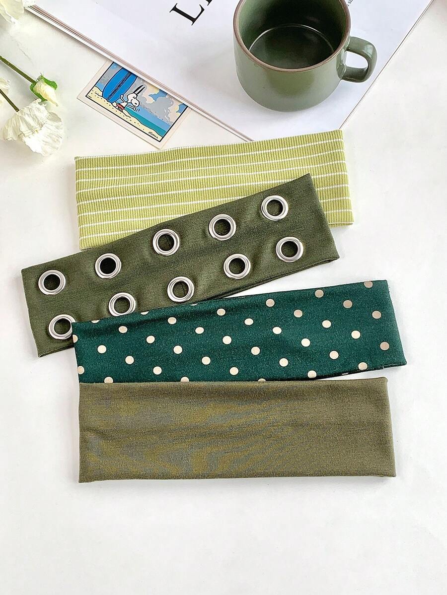 1/4pcs Matcha Green Solid Color Striped Polka Dot Print Wide Elastic ...