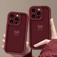 1件極簡蝴蝶結圖案高邊梯形磨砂TPU軟手機殼，適用於Apple 17 16 15 14 13 12 11 Plus Pro Max系列，個性化Ins風保護殼，時尚手機殼，極簡全方位保護，可愛圖案，極簡TPU防摔時尚保護殼，高美感設計，生日禮物，節日禮物 - 酒紅色 - 查看 1
