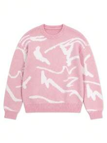 Women's Pink Round Neck White Abstract Print Loose Knit Sweater, Long Sleeve Ribbed Hem Pullover, Sweet Girl Y2K Style Vacation - Pink - View 3