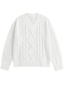 Women's White Cable Knit Diamond Pattern V-Neck Drop Shoulder Loose Sweater, College Vintage Knit Top, Suitable For Campus, Dating, Holiday, Party - White - View 3