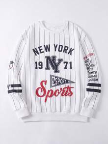 1pc Women's White Striped New York Print Sweatshirt, Street Style Retro Pullover, Suitable For Street Photography, Campus, Commute And Daily Wear - White - View 2