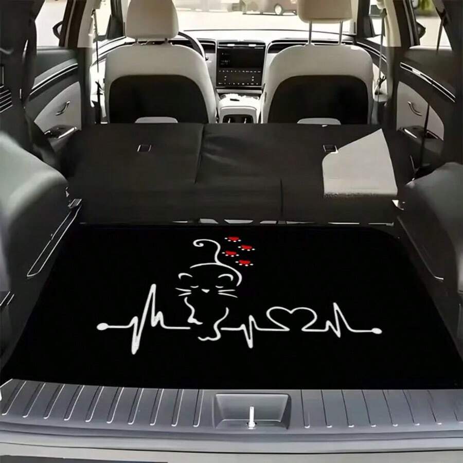1pc Universal Car Trunk Mat, Waterproof Anti-Slip Dust-Proof Printed Cargo Liner, Polyester Fiber Material, Suitable For Vehicle Trunk Interior Decoration, Pattern Design Is Cute Heartbeat Cat - Heart Kitten - View 1