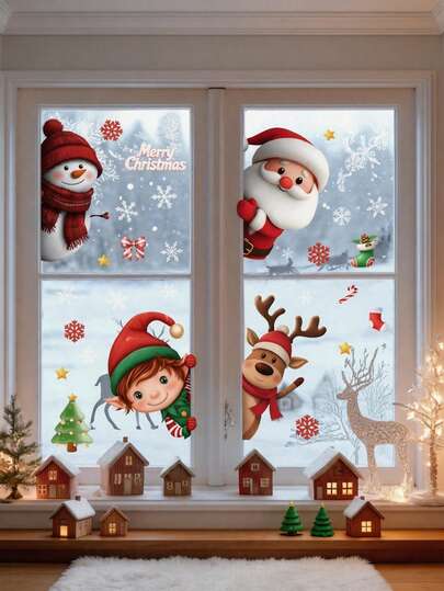 4pcs Adorable Christmas Window Decorations Featuring A Snowman, Santa, An Elf, And A Reindeer. Christmas Window Clings Decals For Window Glass Decorations, Christmas Santa Claus Decorative Stickers Christmas Windows Decorations For Party Decorations