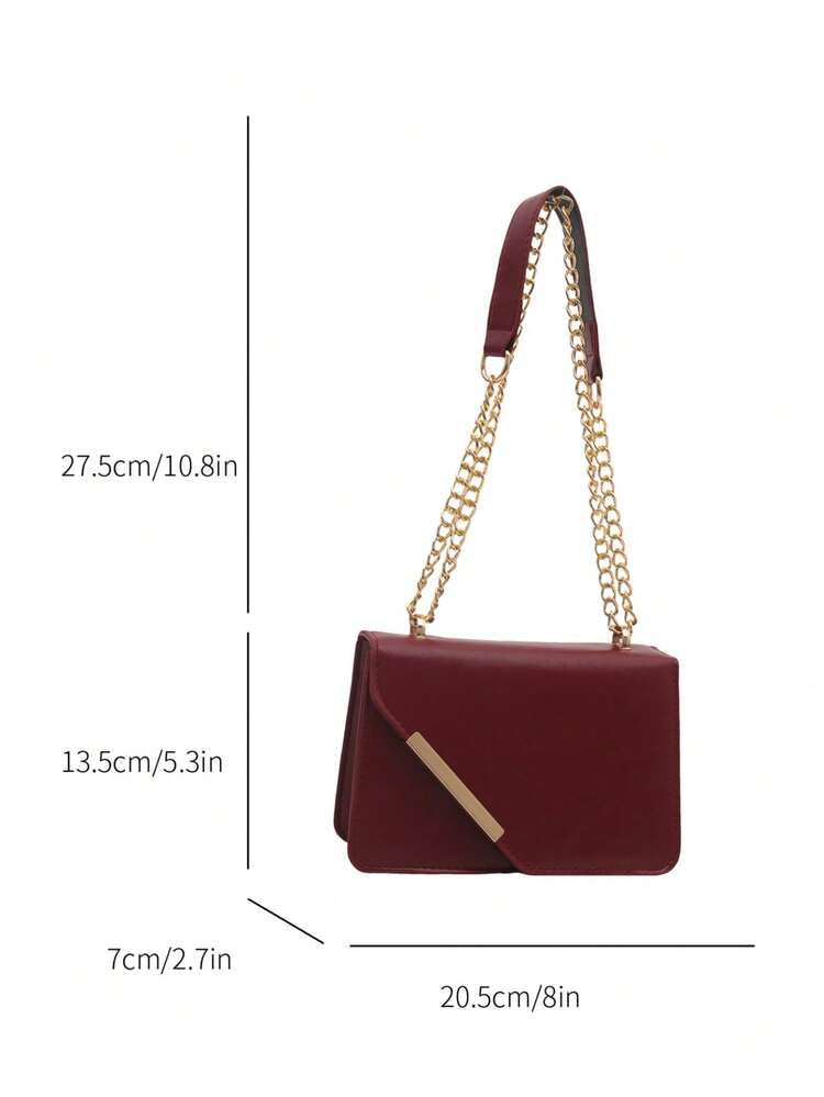 Red Diagonal Metal Bar Lock Thick Chain Strap Decorative Phone Lipstick Cosmetic Small Item Storage Flap Snap Closure Minimalist High-End Horizontal Small Square Bag Commute Date Evening Party Daily Outfit Chain Shoulder Crossbody Dual Use Luxury Elegant Versatile Tofu Block Small Bag - Red - View 2