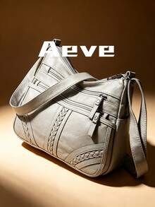 Women's Solid Color Gray Crossbody Bag, Multi-Layer Zipper Pockets Vintage Elegant Crossbody Bag, PU Leather Material, Artificial Leather, Braided Decor, Outdoor Shopping Mom Bag, Lightweight Portable Small Bag For Phone And Coins, Soft Square Bag, Suitable For Shopping, Gatherings, Business Use - Light Grey - View 7