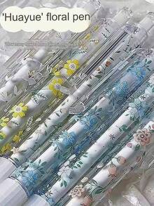 6pcs/5pcs/3pcs/2pcs/1pc/12pcs Floral Erasable Pens, Cute Writing Pen Set, Retractable, Black Quick-Drying Ink, 0.5mm Medium Tip, Decorated With Elegant Floral Patterns, Perfect For Smooth Writing In Journals And Office Supplies. - A - View 10