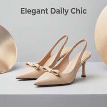 Women's Elegant Bow Decor Patent Pointed Toe Slingback Stiletto Heels, Nude Glossy High Heel Pumps For Wedding Party Office - Apricot - View 2