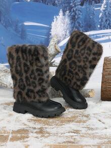 1 Pair Autumn/Winter New Random Leopard Print Decor Round Toe Mid-Calf Girls Boots, Fashion Casual Girls Snow Boots, Comfortable Warm Lining, Back Zipper Design, Suitable For School, Party, Performance, Walking And Other Occasions - Black - View 2