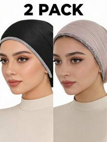 2pcs Women's Fashionable Elastic Exquisite Chain Rhinestone Craft Shiny Bohemian Polyester (Polyester) Knitted Ribbed Fabric All-Season Underscarf - 3-row Rhinestone Chain Headscarf Multi-color - View 1