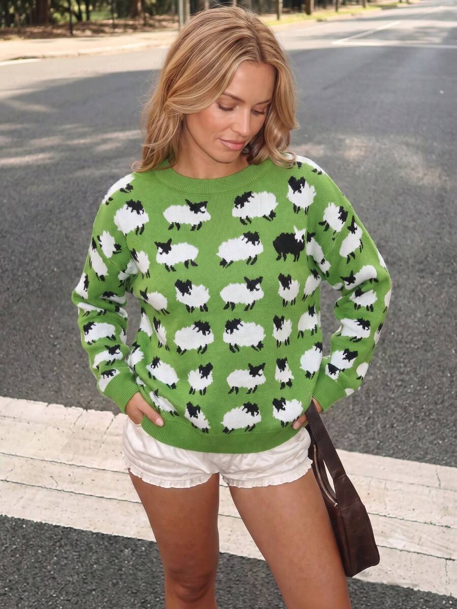 Sweater Leher Bulat Motif Domba Wanita, Pullover Rajut Bergaris Lengan Panjang Kasual untuk Pakaian Sehari-hari Musim Gugur dan Musim Dingin, Kembali ke Sekolah, Halloween - Hijau - View 1