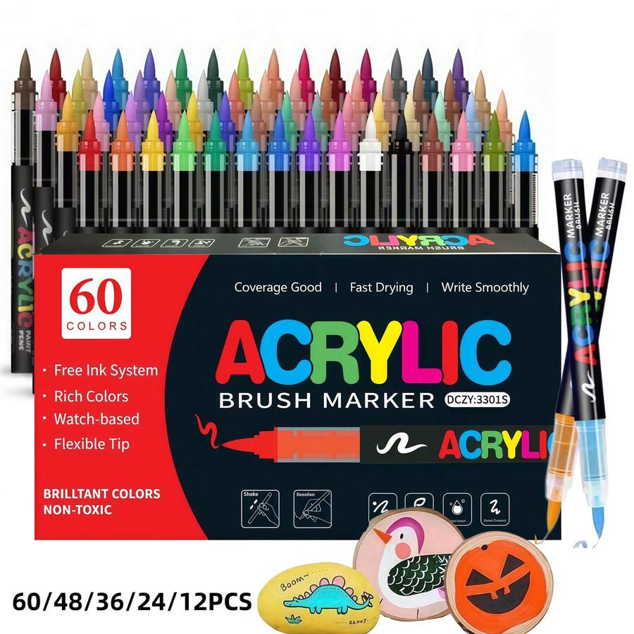 12-60 Colors Acrylic Paint Marker Set, Soft Tip, Non-Bleeding, Suitable For Painting, Doodling And Layering, Applicable To Stone, Glass, Ceramic, Metal, Wood And Other Materials, Perfect Gift For Friends, Back To School Gift, DIY Crafts - Multiple Styles - View 1