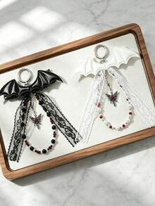 1pc Fashion Dark Style Cross Leather Bat Lace Bow Keychain Accessory - Multicolor - View 1