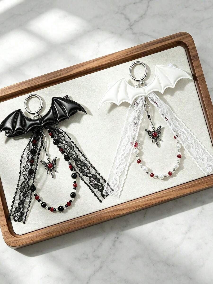 1pc Fashion Dark Style Cross Leather Bat Lace Bow Keychain Accessory - Multicolor - View 1