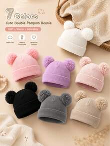 1PC Toddler Cute Double Pom Pom Folded Cuff Beanie, Simple Comfortable Knitted Hat, Suitable For Toddler Autumn/Winter Daily Home Wear, Outdoor Outfits, Warm Casual Winter Hat, Can Be Given As A Gift - Multicolor - View 1
