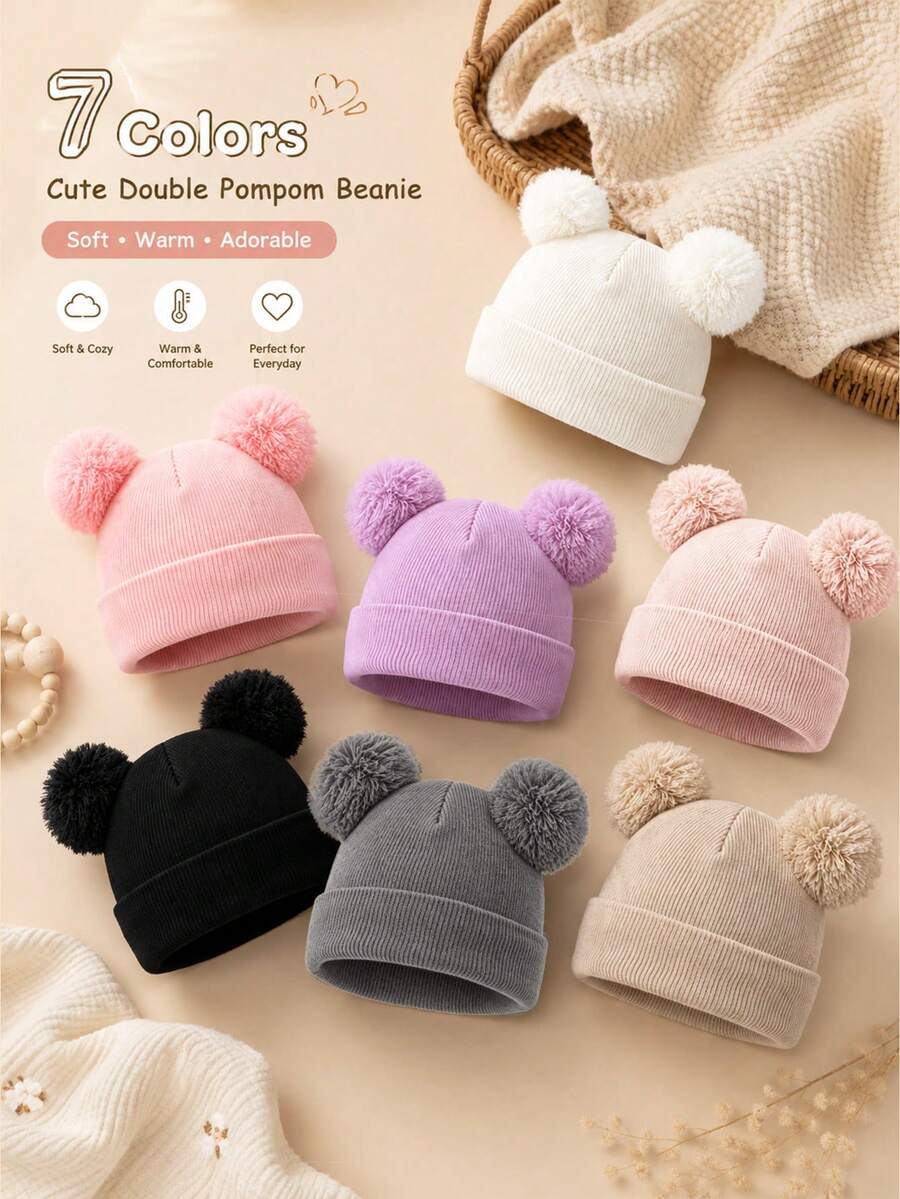 1PC Toddler Cute Double Pom Pom Folded Cuff Beanie, Simple Comfortable Knitted Hat, Suitable For Toddler Autumn/Winter Daily Home Wear, Outdoor Outfits, Warm Casual Winter Hat, Can Be Given As A Gift - Multicolor - View 1