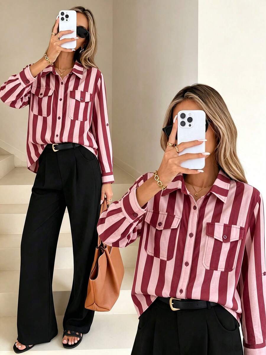 Women's Multi-Color Striped Utility Button Shirt, Autumn/Winter New Style, Chest Pocket And Sleeve Tab, Loose Long Sleeve Shirt Pink - Pink - View 1