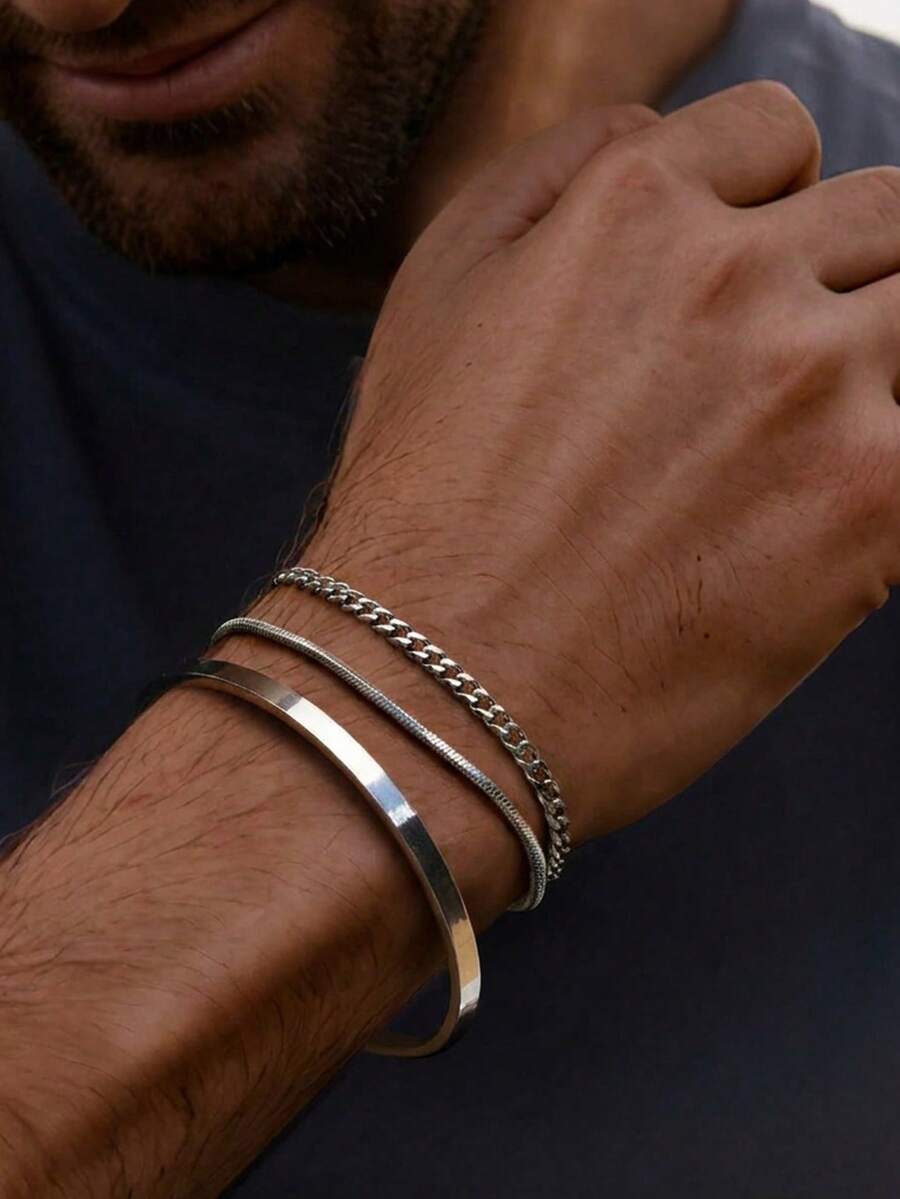 3pcs/Set Stainless Steel 18K Gold Plated C-Shape Adjustable Bracelet Chain Bangle Set, Fashionable For Men Daily Wear - Silver - View 1
