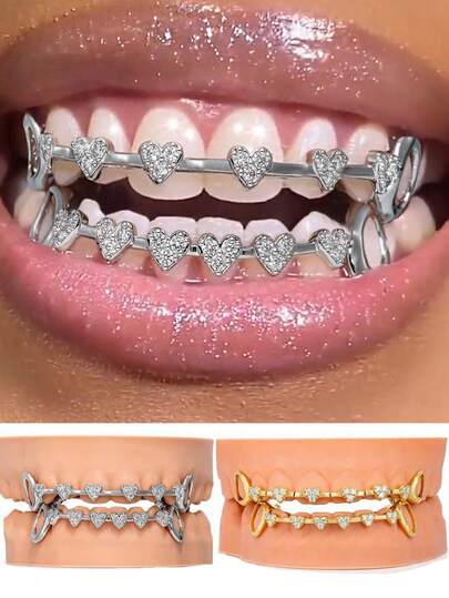 THATBOY 2pcs Love Connection Side Hollow Grillz, Copper Inlaid 5A Zirconia, Hip-Hop Style Cool Party Gift For Women