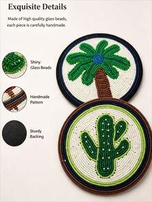 Bohemian Handmade Bead Round Coaster, Evil Eye Lips Cactus Palm Tree Pattern Decorative Drink Cup Mat, Heat Resistant Waterproof Table Protector For Coffee Tea Mug Home Kitchen Cafe Desktop Decor - Multicolor - View 6